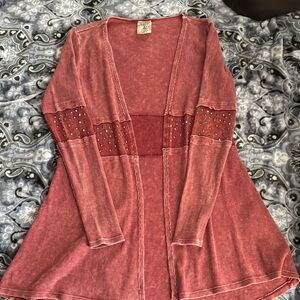 Vocal Red Knit Cardigan with Horizontal Design
